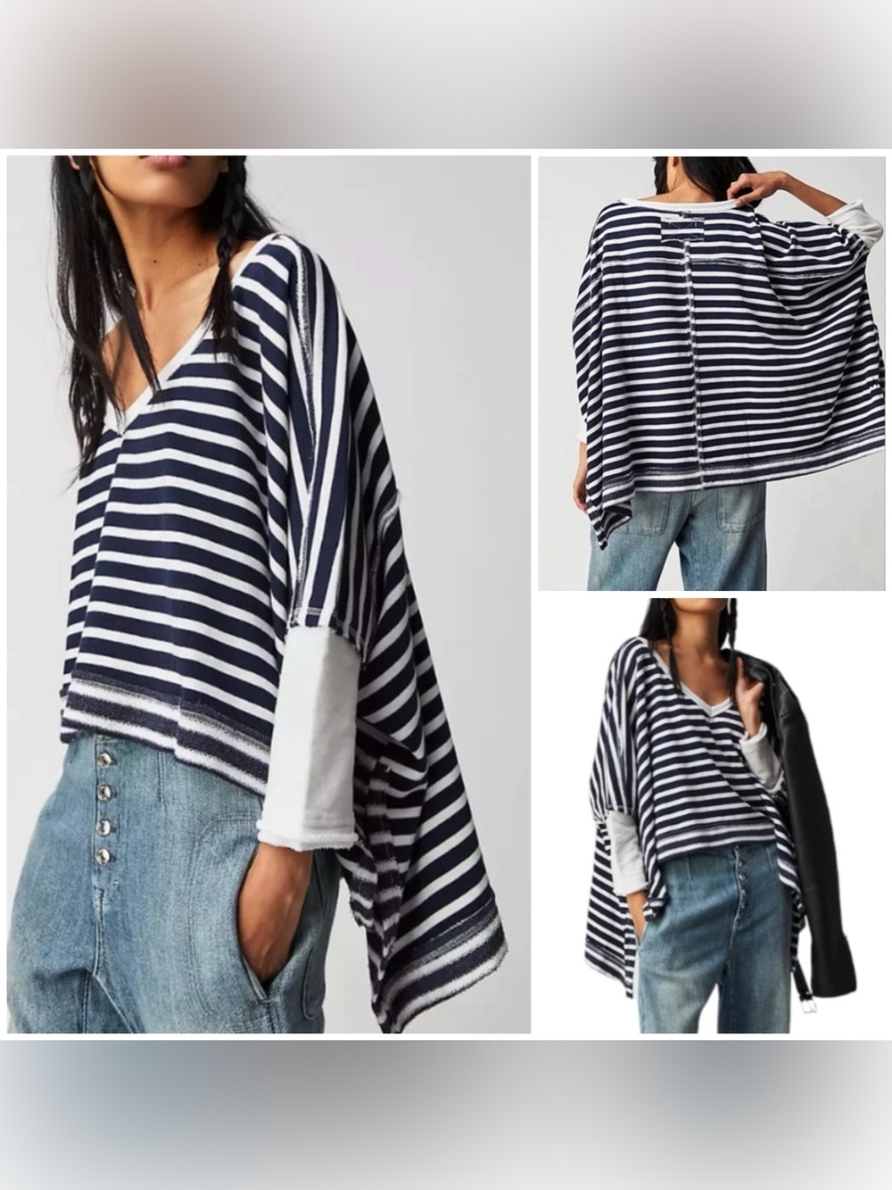 NWOT Free People We The Free Main Squeeze V-Neck Sweatshirt - navy white - XS